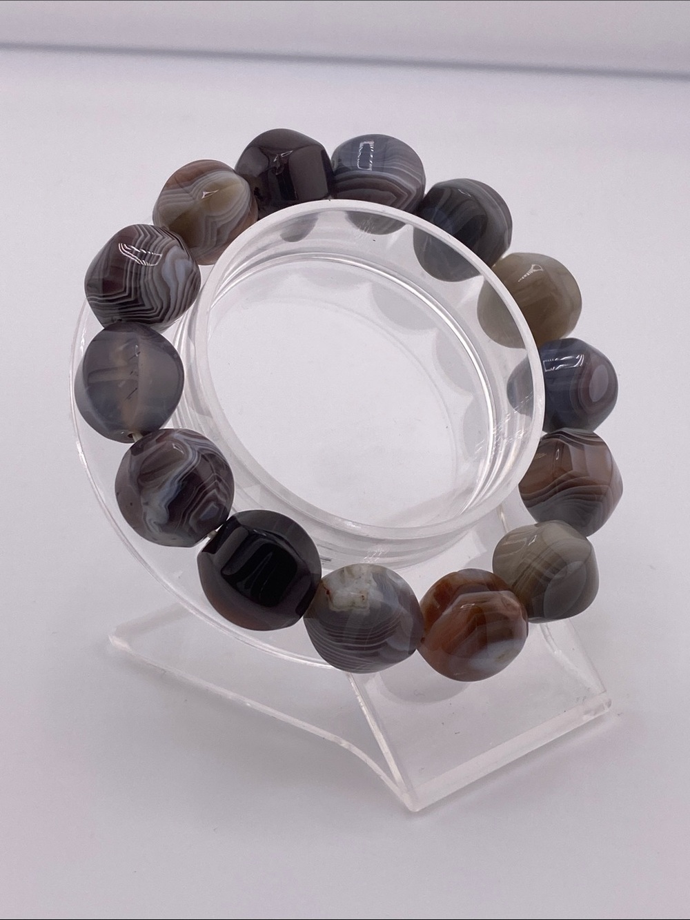 Banded Agate Bracelet - Natural Tumbled Pebble Beads with Earthy Silk Banding